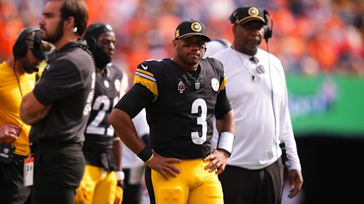 Sep 15, 2024; Denver, Colorado, USA; Pittsburgh Steelers quarterback Russell Wilson (3) during a injury time out in the second quarter against the Denver Broncos at Empower Field at Mile High. 