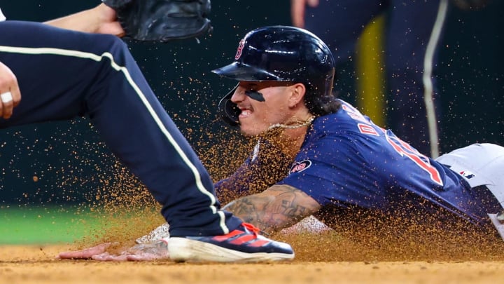 Aug 2, 2024; Arlington, Texas, USA; Boston Red Sox center fielder Jarren Duran (16) steals second base ahead of teh tag by Texas Rangers shortstop Corey Seager (5) during the eighth inning at Globe Life Field. Mandatory Credit: Kevin Jairaj-USA TODAY Sports