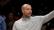 Apr 10, 2025; Brooklyn, New York, USA; Brooklyn Nets head coach Jordi Fernandez coaches against the Atlanta Hawks during the second quarter at Barclays Center. Mandatory Credit: Brad Penner-Imagn Images