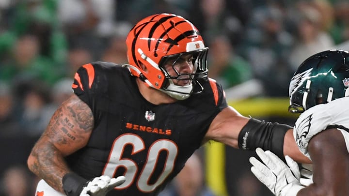 Aug 7, 2025; Philadelphia, Pennsylvania, USA; Cincinnati Bengals guard Jaxson Kirkland (60) blocks against Philadelphia Eagles defensive tackle Joe Evans (61) at Lincoln Financial Field. Mandatory Credit: Eric Hartline-Imagn Images