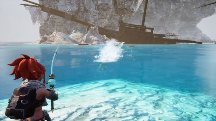 Palworld screenshot showing a young woman fishing.