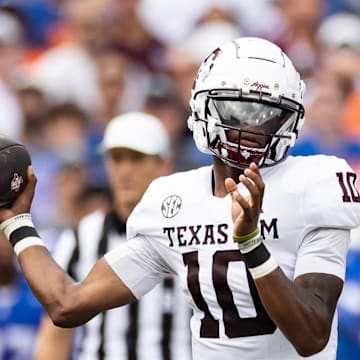 Sep 14, 2024; Gainesville, Florida, USA; Texas A&M Aggies quarterback Marcel Reed (10) throws the ball against the Florida Gators during the first half at Ben Hill Griffin Stadium. Mandatory Credit: Matt Pendleton-Imagn Images