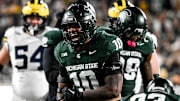 Michigan State's Wayne Matthews III celebrates after a stop against Michigan during the second quarter on Saturday, Oct. 25, 2025, at Spartan Stadium in East Lansing.