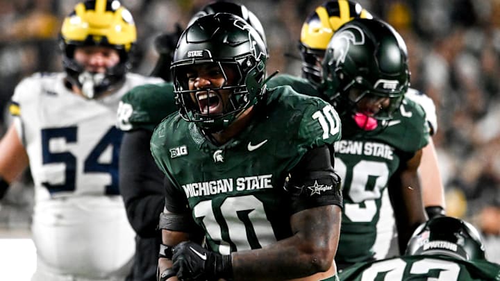 Michigan State's Wayne Matthews III celebrates after a stop against Michigan during the second quarter on Saturday, Oct. 25, 2025, at Spartan Stadium in East Lansing. Michigan State's Wayne Matthews III celebrates after a stop against Michigan during the second quarter on Saturday, Oct. 25, 2025, at Spartan Stadium in East Lansing.