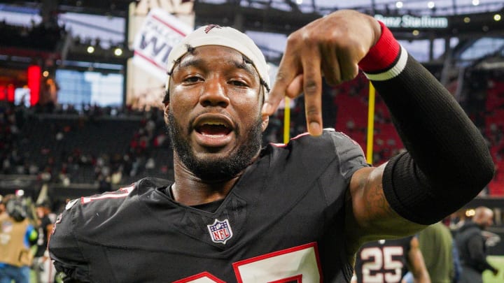 Nov 26, 2023; Atlanta, Georgia, USA; Atlanta Falcons safety Richie Grant (27) celebrates after a victory against the New Orleans Saints at Mercedes-Benz Stadium. Mandatory Credit: Brett Davis-USA TODAY Sports
