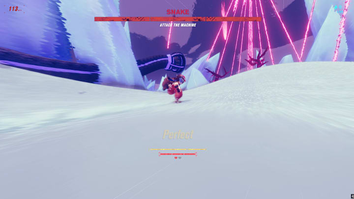 A girl running through a snowy landscpae towards a giant mechanical snake monster that is shoot lasers from the sky.