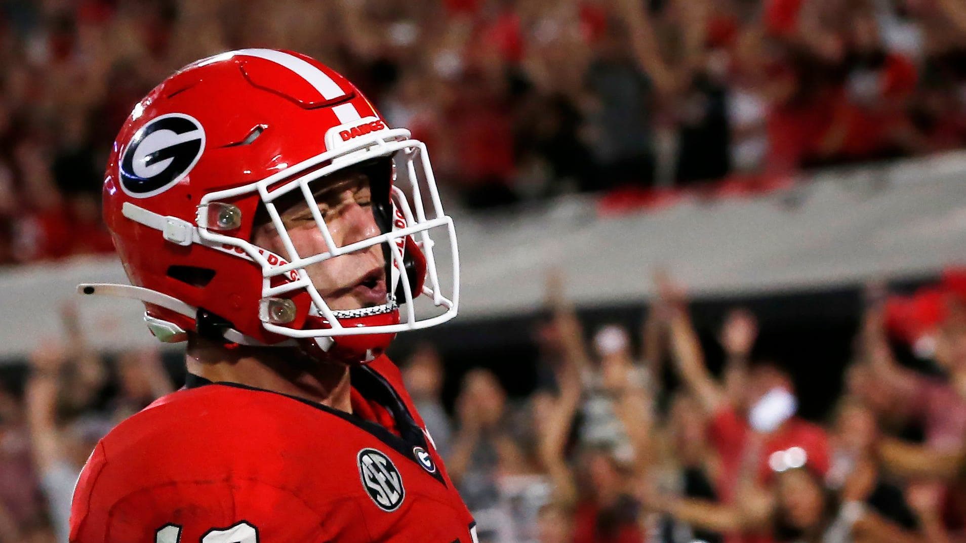 Georgia tight end Brock Bowers (19) celebrates after scoring a touchdown during the first half of a
