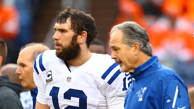 Colts QB Andrew Luck and coach Chuck Pagano during a playoff game.