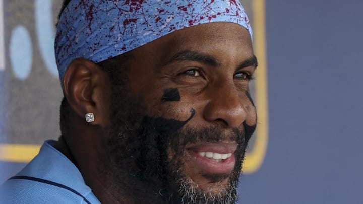 Mar 17, 2026; Port Charlotte, Florida, USA; Tampa Bay Rays designated hitter Yandy Diaz (2) looks on against the New York Yankees in the fourth inning during spring training at Charlotte Sports Park. Mandatory Credit: Nathan Ray Seebeck-Imagn Images