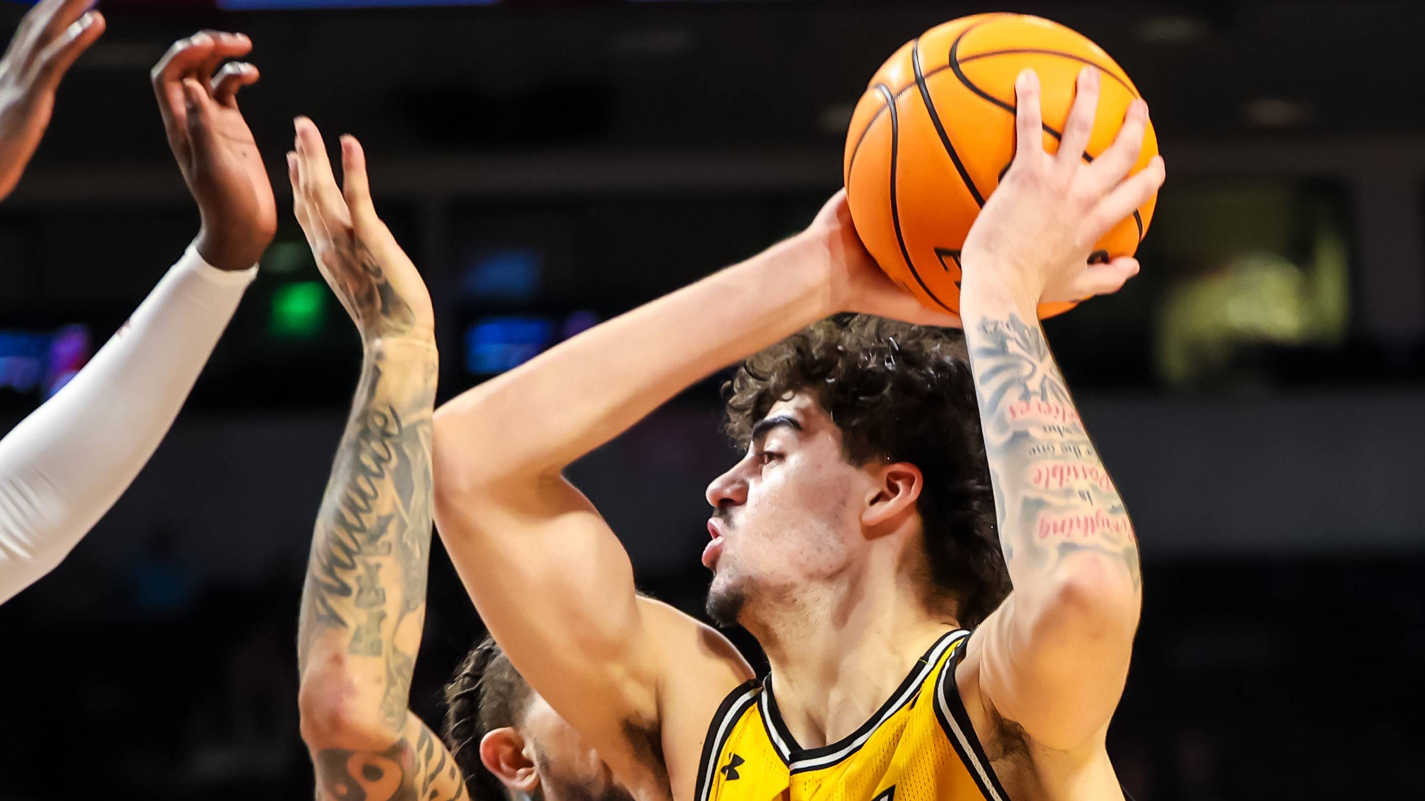 Nov 12, 2024; Columbia, South Carolina, USA; Towson Tigers guard Tyler Tejada (15) drives against South Carolina Gamecocks guard Myles Stute (10) in the second half at Colonial Life Arena. Mandatory Credit: Jeff Blake-Imagn Images | USA TODAY Sports via Reuters Connect