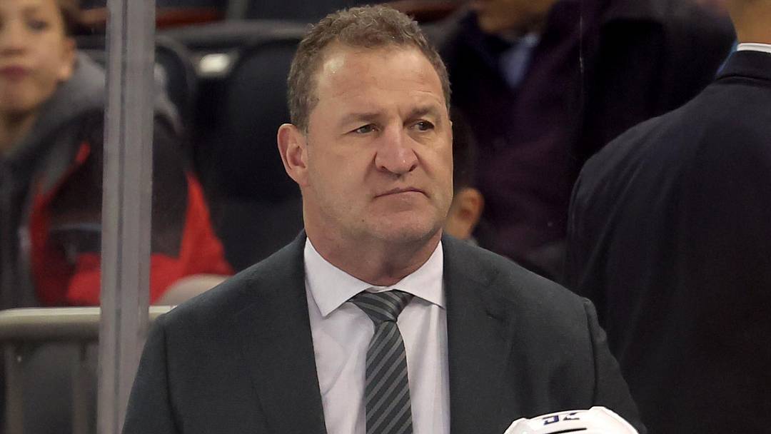 Dec 16, 2025; New York, New York, USA; Vancouver Canucks head coach Adam Foote coaches against the New York Rangers during the first period at Madison Square Garden. Mandatory Credit: Brad Penner-Imagn Images