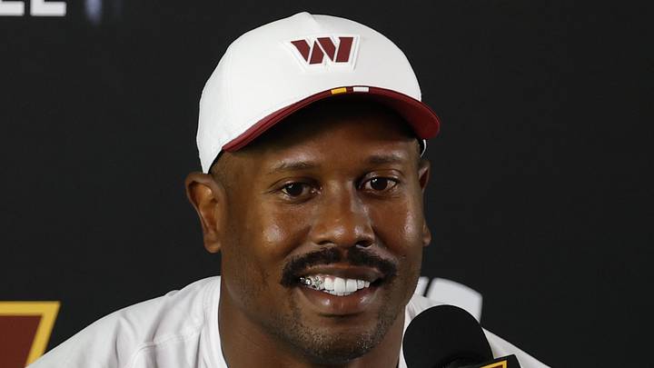 Jul 24, 2025; Ashburn, VA, USA; Washington Commanders outside linebacker Von Miller (24) speaks with the media after practice on day two of training camp at OrthoVirginia Training Center at Commanders Park. Mandatory Credit: Geoff Burke-Imagn Images