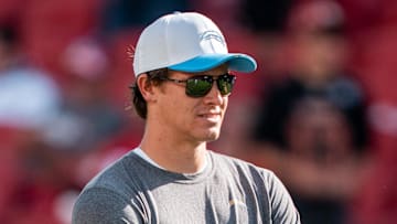 Los Angeles Chargers quarterback Justin Herbert (10) watches warm-ups before the game against the San Francisco 49ers at Levi's Stadium.