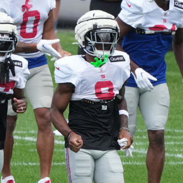 Florham Park, NJ -- August 21, 2024 -- Wide receiver Malik Nabers during practice. The New York Giants came to the Atlantic Health Jets Training Center in Florham Park, New Jersey, to take part in a joint practice with the New York Jets.