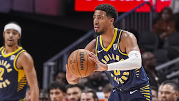 Oct 8, 2024; Atlanta, Georgia, USA; Indiana Pacers guard Tyrese Haliburton (0) passes the ball against the Atlanta Hawks during the first half at State Farm Arena. Mandatory Credit: Dale Zanine-Imagn Images