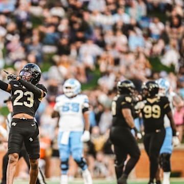 Nov 15, 2025; Winston-Salem, North Carolina, USA; Wake Forest Demon Deacons cornerback Braylon Johnson (23) reacts after a play against the North Carolina Tar Heels at Allegacy Federal Credit Union Stadium. Mandatory Credit: Wake Forest Athletics via Imagn Images
