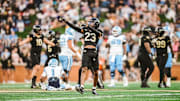 Nov 15, 2025; Winston-Salem, North Carolina, USA; Wake Forest Demon Deacons cornerback Braylon Johnson (23) reacts after a play against the North Carolina Tar Heels at Allegacy Federal Credit Union Stadium. Mandatory Credit: Wake Forest Athletics via Imagn Images