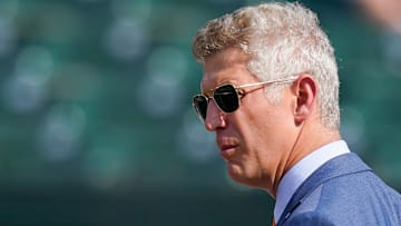 Jul 27, 2022; Baltimore, Maryland, USA; Baltimore Orioles general manager Mike Elias stands oil the field before the game against the Tampa Bay Rays  at Oriole Park at Camden Yards. 