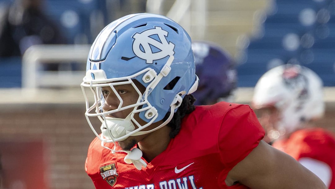 Jan 29, 2026; Mobile, AL, USA; National defensive back Thaddeus Dixon (1) of North Carolina practices during National Senior Bowl practice at Hancock Whitney Stadium.  