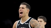 Dec 1, 2025; Brooklyn, New York, USA; Brooklyn Nets forward Michael Porter Jr. (17) reacts during the fourth quarter against the Charlotte Hornets at Barclays Center. Mandatory Credit: Brad Penner-Imagn Images