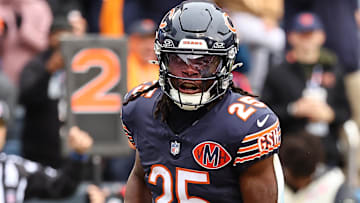 Oct 19, 2025; Chicago, Illinois, USA; Chicago Bears running back Kyle Monangai (25) reacts after rushing for a touchdown against the New Orleans Saints during the second quarter at Soldier Field.