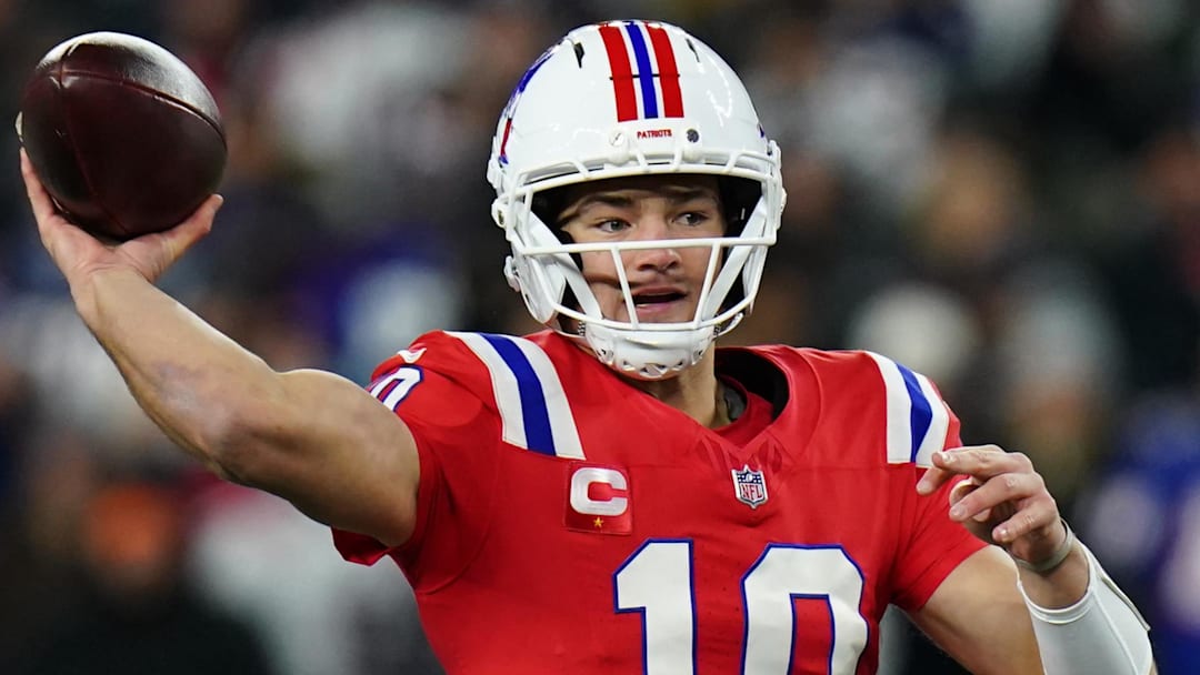 Dec 1, 2025; Foxborough, Massachusetts, USA; New England Patriots quarterback Drake Maye (10) throws a pass during the first quarter against the New York Giants at Gillette Stadium. Mandatory Credit: David Butler II-Imagn Images