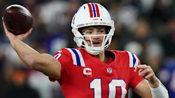 Dec 1, 2025; Foxborough, Massachusetts, USA; New England Patriots quarterback Drake Maye (10) throws a pass during the first quarter against the New York Giants at Gillette Stadium. Mandatory Credit: David Butler II-Imagn Images