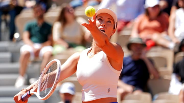 Jul 28, 2024; Paris, France; Danielle Collins (USA) hits the ball against Laura Siegemund (CAN) in the women’s tennis singles first round during the Paris 2024 Olympic Summer Games at Stade Roland Garros. Mandatory Credit: Amber Searls-USA TODAY Sports