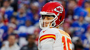 Nov.17, 2024, Orchard Park - Kansas City's Patrick Mahomes drops back to survey the field. Credit: Tina MacIntyre-Yee/Democrat and Chronicle / USA TODAY NETWORK via Imagn Images