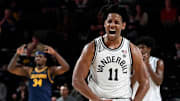 Vanderbilt guard A.J. Hoggard (11) celebrates after a basket against California during an NCAA college basketball game Wednesday, Nov. 13, 2024, in Nashville, Tenn.