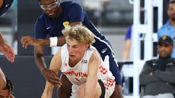 Jun 24, 2023; Glendale, AZ, USA; Timpview player Dean Rueckert (1) battles for a loose ball against Campbell Hall player Bryce James (4) during the Section 7 high school boys tournament at State Farm Stadium. Mandatory Credit: Mark J. Rebilas-Imagn Images