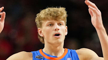 Apr 7, 2025; San Antonio, TX, USA; Florida Gators forward Thomas Haugh (10) reacts after a play against the Houston Cougars during the second half of the national championship game of the Final Four of the 2025 NCAA Tournament at the Alamodome. Mandatory Credit: Bob Donnan-Imagn Images
