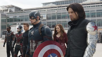 Marvel's Captain America: Civil War..L to R: Falcon/Sam Wilson (Anthony Mackie), Ant-Man/Scott Lang (Paul Rudd), Hawkeye/Clint Barton (Jeremy Renner), Captain America/Steve Rogers (Chris Evans), Scarlet Witch/Wanda Maximoff (Elizabeth Olsen) and Winter Soldier/Bucky Barnes (Sebastian Stan)..Photo Credit: Film Frame..© Marvel 2016