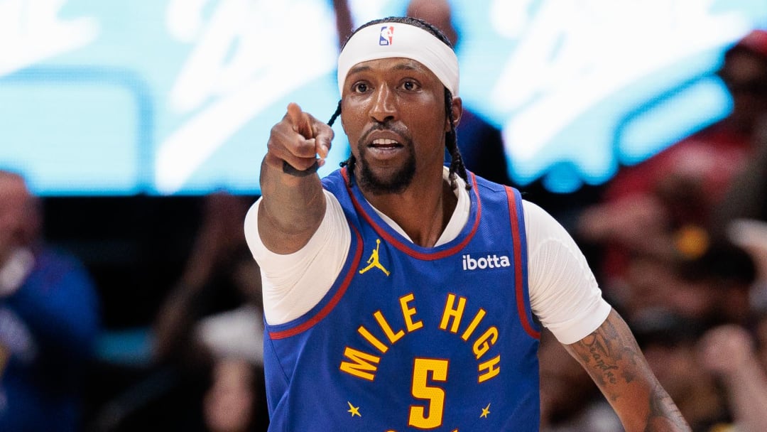 Apr 20, 2024; Denver, Colorado, USA; Denver Nuggets guard Kentavious Caldwell-Pope (5) reacts to a three point shot during the third quarter against the Los Angeles Lakers in game one of the first round for the 2024 NBA playoffs at Ball Arena. Mandatory Credit: Andrew Wevers-USA TODAY Sports Apr 20, 2024; Denver, Colorado, USA; Denver Nuggets guard Kentavious Caldwell-Pope (5) reacts to a three point shot during the third quarter against the Los Angeles Lakers in game one of the first round for the 2024 NBA playoffs at Ball Arena. Mandatory Credit: Andrew Wevers-USA TODAY Sports