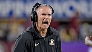 Sep 3, 2023; Orlando, Florida, USA; Florida State Seminoles head coach Mike Norvell is excited during the fourth quarter against the Louisiana State Tigers at Camping World Stadium. Mandatory Credit: Melina Myers-Imagn Images