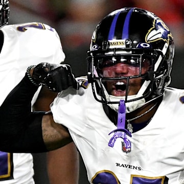 Oct 27, 2022; Tampa, Florida, USA; Baltimore Ravens defensive back Kevon Seymour (25) celebrates after recovery a fumble in the first quarter against the Tampa Bay Buccaneers at Raymond James Stadium. Mandatory Credit: Jonathan Dyer-Imagn Images