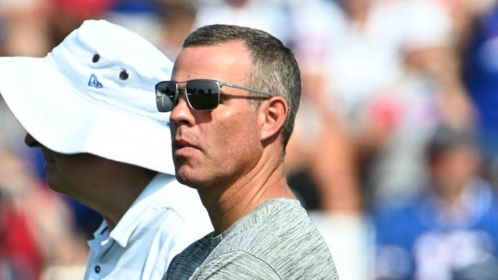 Jul 24, 2024; Rochester, NY, USA; Buffalo Bills general manager Brandon Beane looks on during training camp at St. John Fisher University. Mandatory Credit: Mark Konezny-Imagn Images