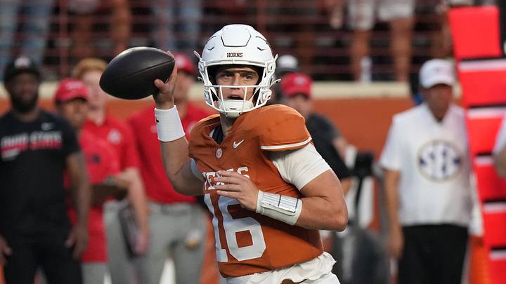 Sep 12, 2026; Austin, Texas, USA;  Texas Longhorns quarterback Arch Manning (16) passes against the Ohio State Buckeyes during the first half at Darrell K Royal-Texas Memorial Stadium.  Mandatory Credit: Scott Wachter-Imagn Images