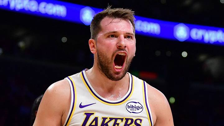 Jan 18, 2026; Los Angeles, California, USA; Los Angeles Lakers guard Luka Doncic (77) reacts during the first half at Crypto.com Arena. Mandatory Credit: Gary A. Vasquez-Imagn Images