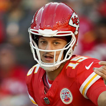 Nov 10, 2024; Kansas City, Missouri, USA; Kansas City Chiefs quarterback Patrick Mahomes (15) signals during the second half against the Denver Broncos at GEHA Field at Arrowhead Stadium. Mandatory Credit: Jay Biggerstaff-Imagn Images