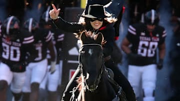 Nov 30, 2024; Lubbock, Texas, USA;  The Texas Tech Red Raiders masked rider enters the field before a game between the West Virginia Mountaineers and the Texas Tech Red Raiders at Jones AT&T Stadium and Cody Campbell Field. Mandatory Credit: Michael C. Johnson-Imagn Images
