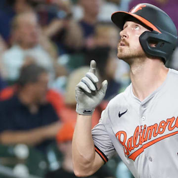 Jun 23, 2024; Houston, Texas, USA;  Baltimore Orioles second baseman Jordan Westburg (11) celebrates after hitting a home run against the Houston Astros in the sixth inning at Minute Maid Park