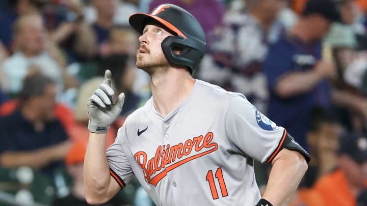 Jun 23, 2024; Houston, Texas, USA;  Baltimore Orioles second baseman Jordan Westburg (11) celebrates after hitting a home run against the Houston Astros in the sixth inning at Minute Maid Park