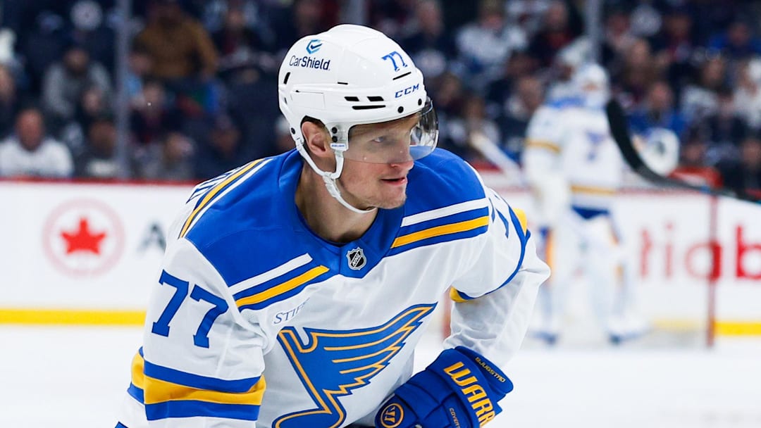 Jan 20, 2026; Winnipeg, Manitoba, CAN; St. Louis Blues forward Nick Bjugstad (77) looks to take a shot in the Winnipeg Jets zone during the first period at Canada Life Centre. Mandatory Credit: Terrence Lee-Imagn Images