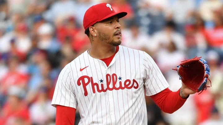 May 22, 2024; Philadelphia, Pennsylvania, USA; Philadelphia Phillies pitcher Taijuan Walker (99) against the Texas Rangers at Citizens Bank Park