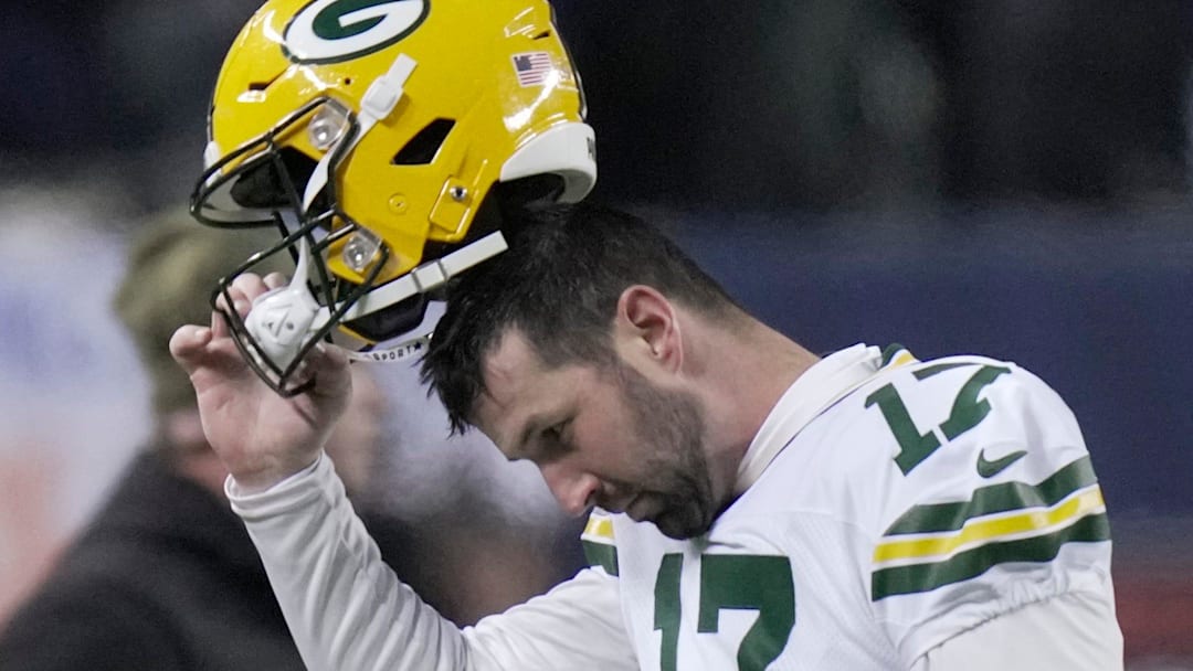 Green Bay Packers place kicker Brandon McManus (17) reacts after missing an extra point in the loss to the Bears.