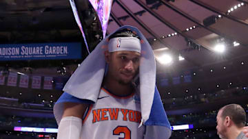 May 19, 2024; New York, New York, USA; New York Knicks guard Josh Hart (3) walks off the floor after losing in game seven of the second round of the 2024 NBA playoffs against the Indiana Pacers at Madison Square Garden. Mandatory Credit: Brad Penner-Imagn Images