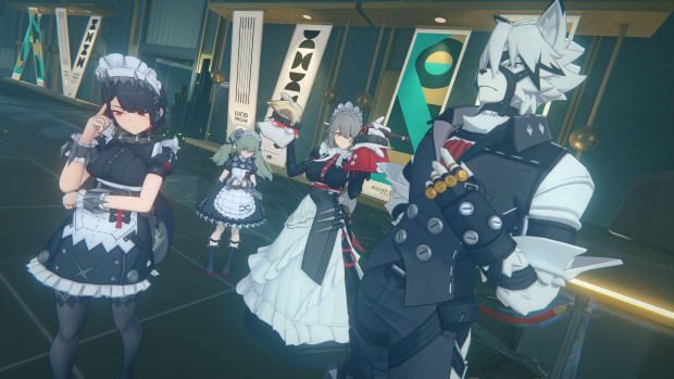 Four characters dressed in maid and butler uniforms standing next to each other.