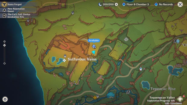 Genshin Impact map showing the location of Sulfurous Veins in Natlan.