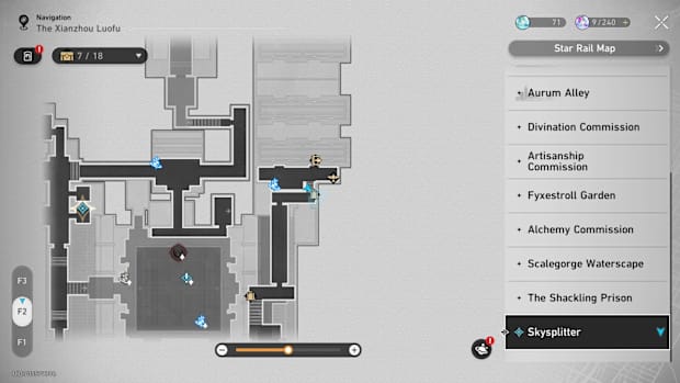 Honkai: Star Rail screenshot showing a map of the Skysplitter.